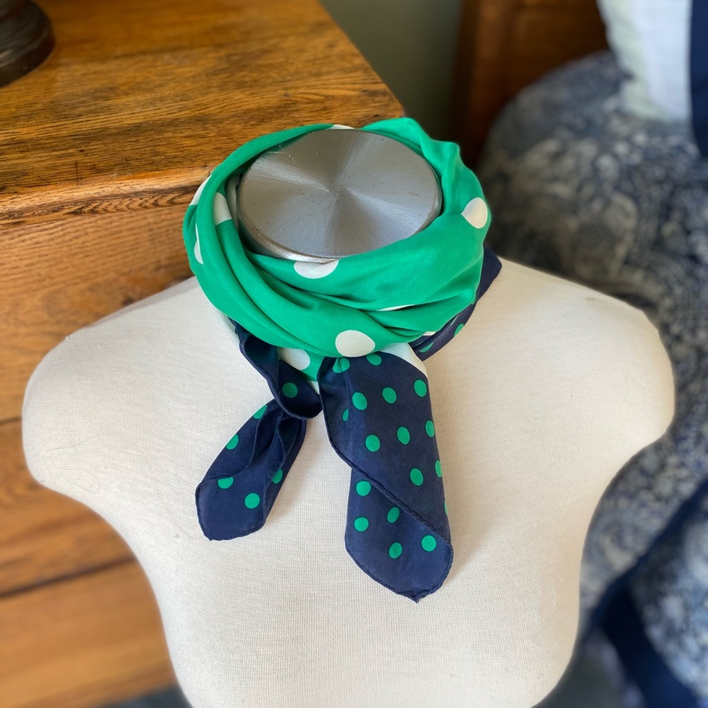 Bill Blass Silk Green, Blue and White Polka Dot Scarf